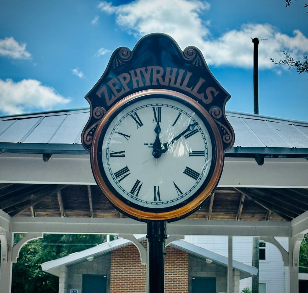 The historic Zephyrhills clock in downtown Zephyrhills, FL